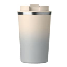 A drink bottle featuring a gradient design from cream to grey, with a silver band near the top and a branded logo.