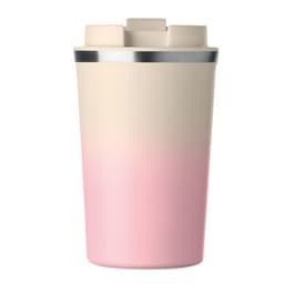 A drink bottle featuring a beige and pink gradient design, with a silver band and a lid for easy access.