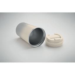 A cylindrical drink bottle in gradient cream and silver, with a removable white lid beside it.