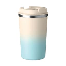 A drink bottle with a cream and gradient blue design, featuring a silver band and a secure lid.