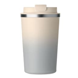 A drink bottle featuring a gradient design in cream and grey, with a metallic band at the top and a lid.