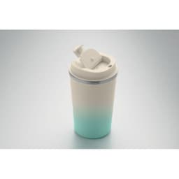 A drink bottle featuring a gradient design in cream and teal, with a white lid and a spout. It has a logo on the surface.