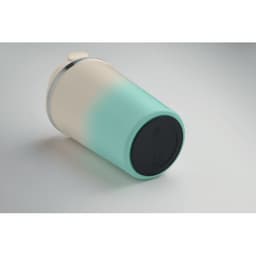A drink bottle featuring a gradient design with aqua and white colours, displaying a circular base and a lid.