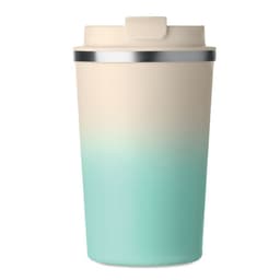 A drink bottle with a gradient design, featuring a creamy top and a teal bottom, and a silver lid.