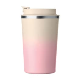 A drink bottle featuring a gradient design in soft cream and pink, with a silver rim and a lid.