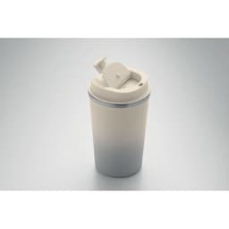 A drink bottle in a gradient of white to grey, featuring a screw-on lid with a spout and a logo.