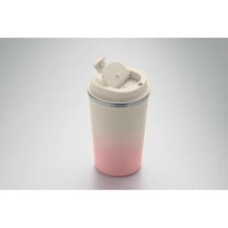 A drink bottle with a gradient design, featuring white at the top and soft pink at the bottom, with a flip-top lid.