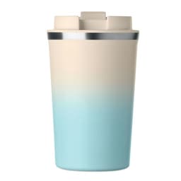 A drink bottle with a gradient design from beige to light blue, featuring a silver cap and logo.