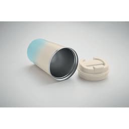 A drink bottle featuring a gradient design from light blue to white, with a silver rim and a removable lid.