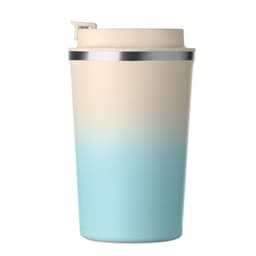 A drink bottle featuring a gradient design in cream and light blue, with a silver accent and a lid.