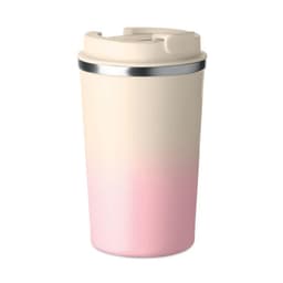 A drink bottle in a gradient design, featuring cream and pastel pink colours with a stainless steel accent and a lid.