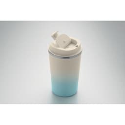 A drink bottle featuring a gradient design in white and light blue, with a flip-top lid and a logo.