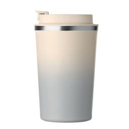 A drink bottle featuring a gradient design in cream and grey, with a silver band and a lid. It has a logo.