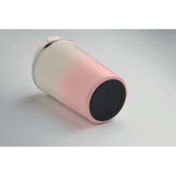A drink bottle with a gradient design featuring shades of pink and white, topped with a grey lid and a black base.