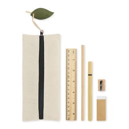A pencil case in natural fabric with a leaf accent, containing a ruler, pencil, sharpener, and eraser.