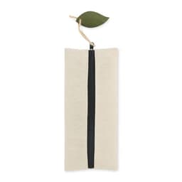 A beige zipper pouch with a green leaf accent on top. It has a black zipper down the centre.