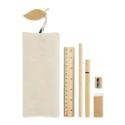 A natural-coloured pouch containing a ruler, a pencil, a pen, a sharpener, and an eraser, with a leaf-shaped tag.