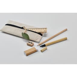 A stationery set featuring a natural fabric pencil case, wooden pencils, a ruler, sharpener, and eraser on a white background.