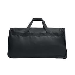 A black duffle bag with dual handles and a smooth surface, featuring a branding logo on the front.