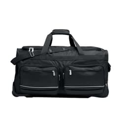 A black duffel bag with multiple zippered pockets and a shoulder strap. It has a sleek design and sturdy handles.