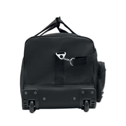 A black wheeled bag with a strap and handle, featuring a side pocket and two wheels for easy transport.