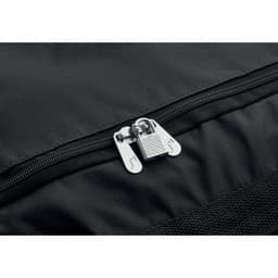 A close-up of a black bag featuring a silver zip and zipper pull, showcasing a textured design.