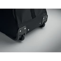 A black rolling bag with wheels and metallic corner protectors. The bag has a sturdy bottom design for durability.