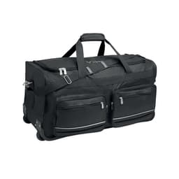 A black wheeled duffel bag with multiple zippered pockets and two handles, featuring a logo on the front.
