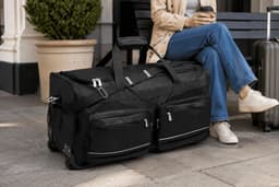 A black wheeled duffel bag rests on the ground beside a person seated on a bench, with two front pockets visible.