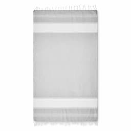 A grey towel with white stripes and fringed edges, featuring a logo at the top.