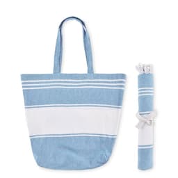 A blue and white striped tote bag paired with a rolled-up beach towel, secured with a ribbon. The bag has two handles.