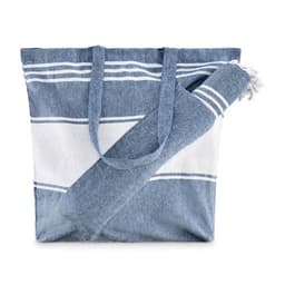 A tote bag in blue and white with straps, featuring a rolled-up towel in matching colours.