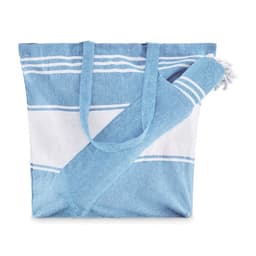 A blue and white striped tote bag with matching rolled-up towel attached. The bag has two handles.