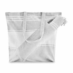 A light grey tote bag with white stripes, featuring two handles and a rolled towel secured inside.