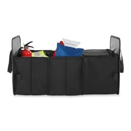 A black organiser bag featuring multiple compartments, containing a fire extinguisher, reflective gear, and cleaning supplies.