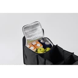 A black organiser bag with a silver-insulated lid, containing cans and green apples.