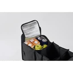 A black organiser bag with a silver insulated interior, containing apples and beverages. It features multiple compartments.