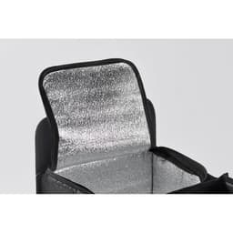 A black cooler bag with a silver insulated interior and an open top for easy access.