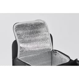 A black insulated cooler bag with a silver inner lining. The top is open, revealing its spacious interior.
