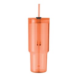 An orange drink bottle with a straw and a black lid, featuring a simple design and branding.