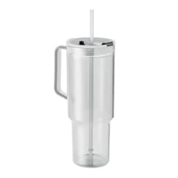 A clear drink bottle with a straw and handle, featuring a lid and a tapered base. It has a branding logo.