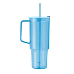A blue drink bottle with a handle, straw, and screw-on lid featuring a logo.
