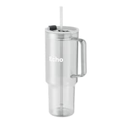 A drink bottle in clear plastic with a grey handle and a straw, featuring a logo on the front.