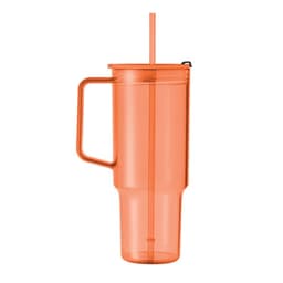 An orange drink bottle with a lid and a straw, featuring a handle and a transparent body.