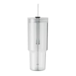 A clear drink bottle features a removable straw and a secure lid, designed for convenience and ease of use.