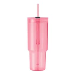 A pink drink bottle with a straw and a black lid, featuring a smooth surface and a tall design.
