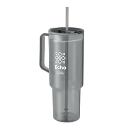 A drink bottle in grey with a handle and straw, featuring a logo on the side.