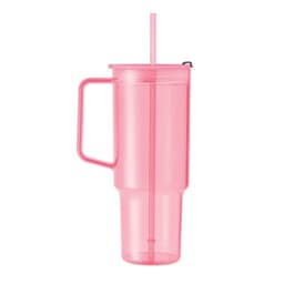 A drink bottle in bright pink, featuring a handle, removable lid, and a straw. The product has a logo on it.
