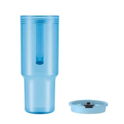 A blue drink bottle with a detachable lid. The bottle features a built-in straw and a logo on its surface.