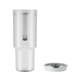 A clear drink bottle with a removable lid, featuring a built-in straw and a sleek design.